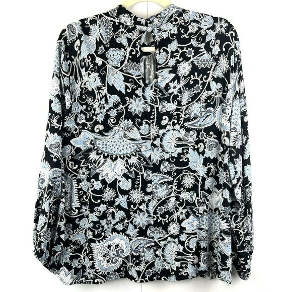 C&C California Women's Top 1X Black Blue White Floral Blouse Shirt Mock Neck L/S - Picture 6 of 8